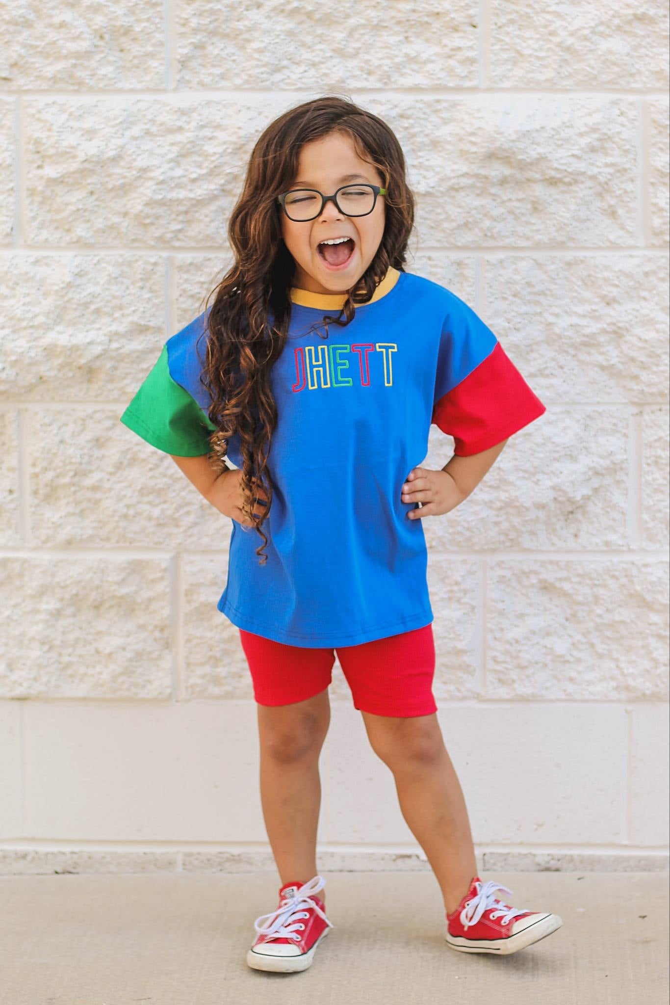 Custom Embroidered 90s Colorblock Tee and Biker Shorts Set
