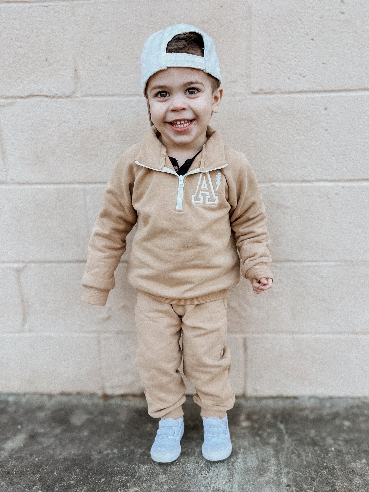Custom Embroidered Organic Cotton Quarter-Zip Set - Tan