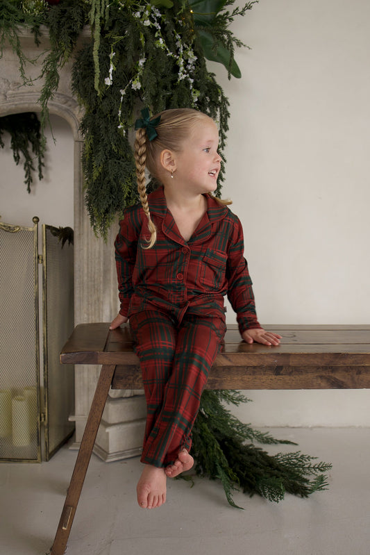 Girl's Bamboo Button Up Lounge Set | Christmas Plaid