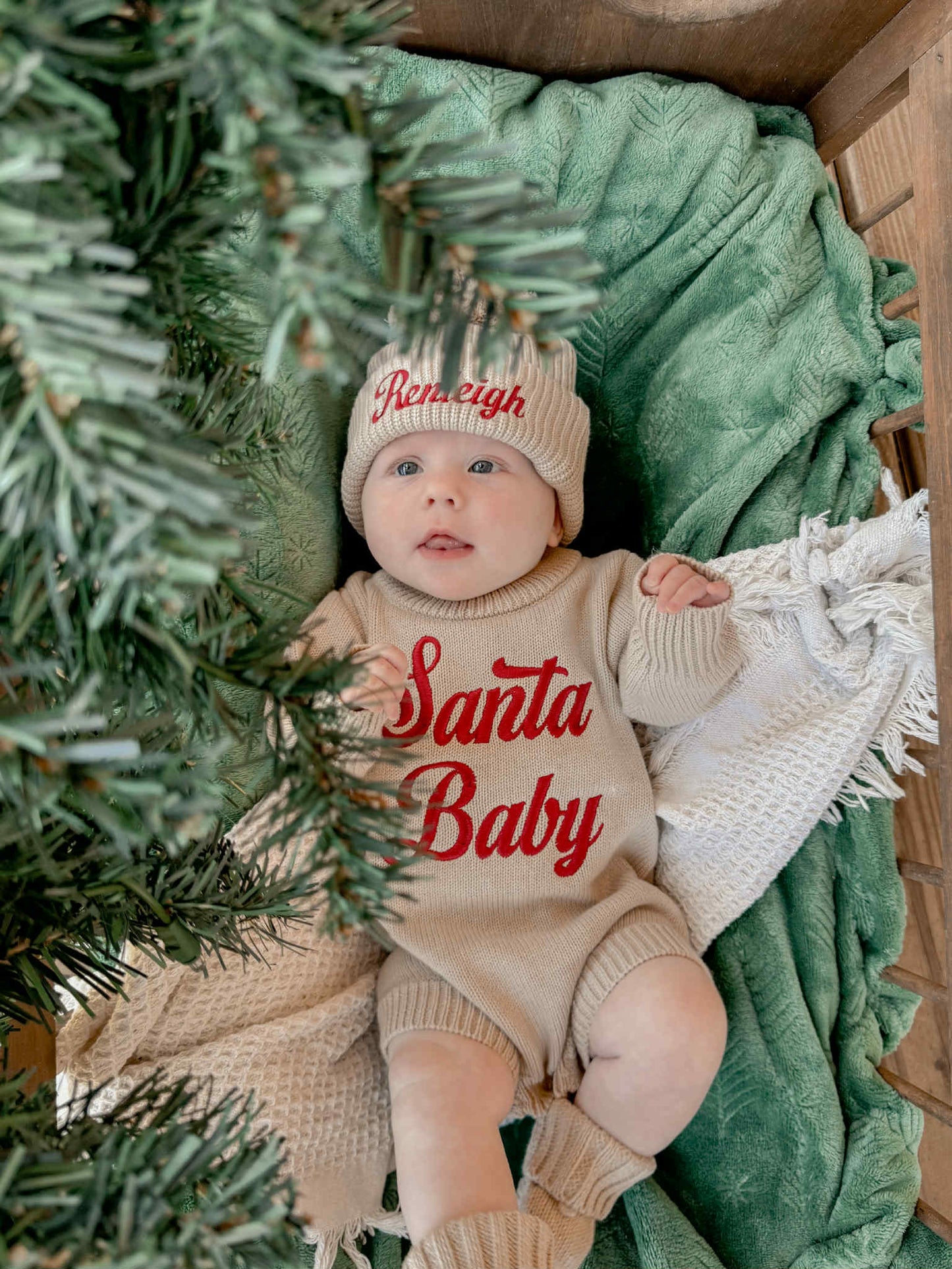 Custom Embroidered Santa Baby Christmas Knit Sweater Romper + Add-On Booties & Hat Set
