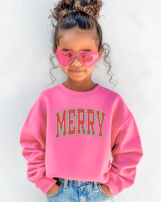 Neon Pink MERRY Varsity Mama + Me Sweatshirt