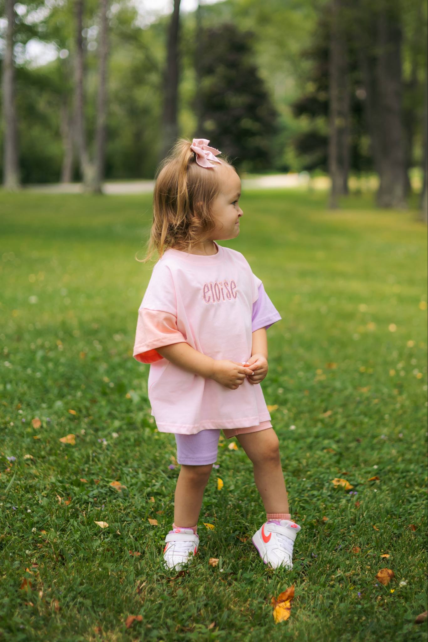 Custom Embroidered Colorblock Tee and Biker Shorts Set - Pink & Purple Set