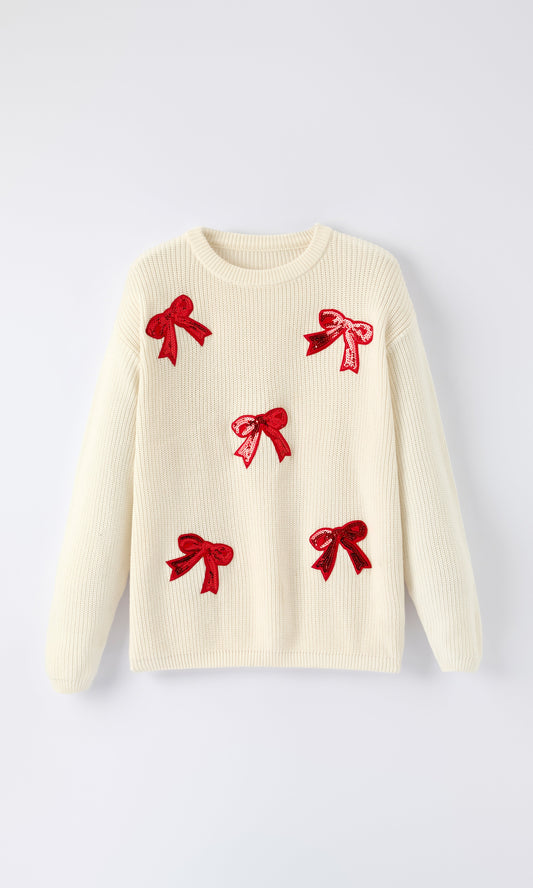 Winter Christmas Girls Bow Sequins Pullover Sweater