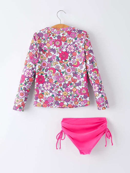 Hot Pink Summer Floral Girls Long-Sleeved Swimsuit Set
