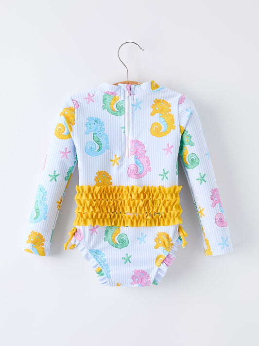 Summer Seahorse Print Girl Long Sleeve Ruffle One Piece Swimsuit