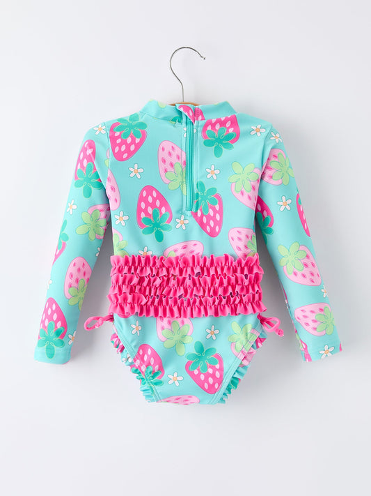 Summer Strawberry Print Girl Long Sleeve Ruffle One Piece Swimsuit