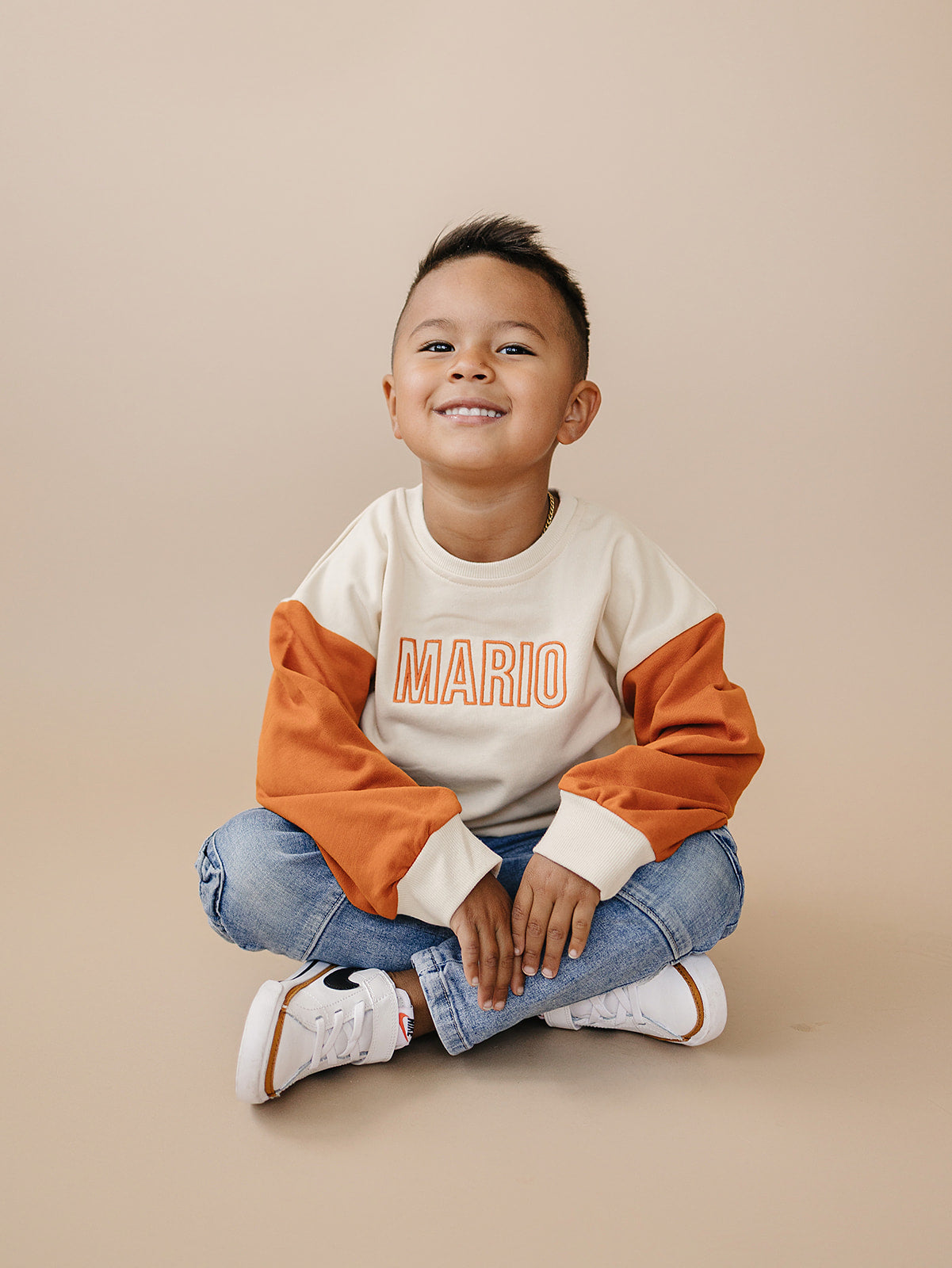 Custom Embroidered Orange Colorblock Crewneck Sweatshirt or Romper