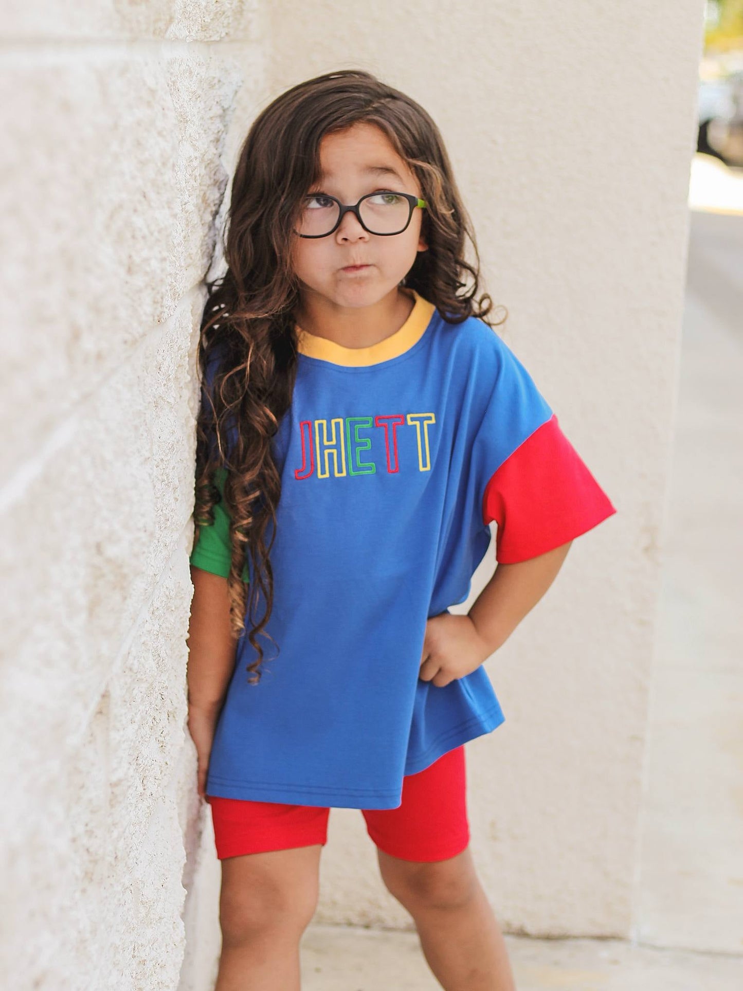 Custom Embroidered 90s Colorblock Tee and Biker Shorts Set