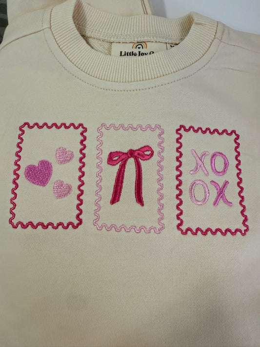 Custom Embroidered Valentine's Stamps Scalloped Set - Red, Cream, or Brown