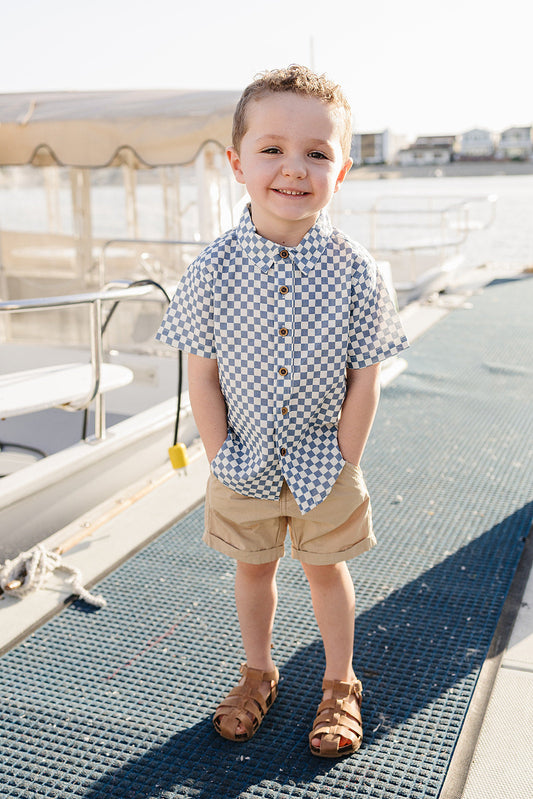 Blue Checkered Linen Button Up Shirt