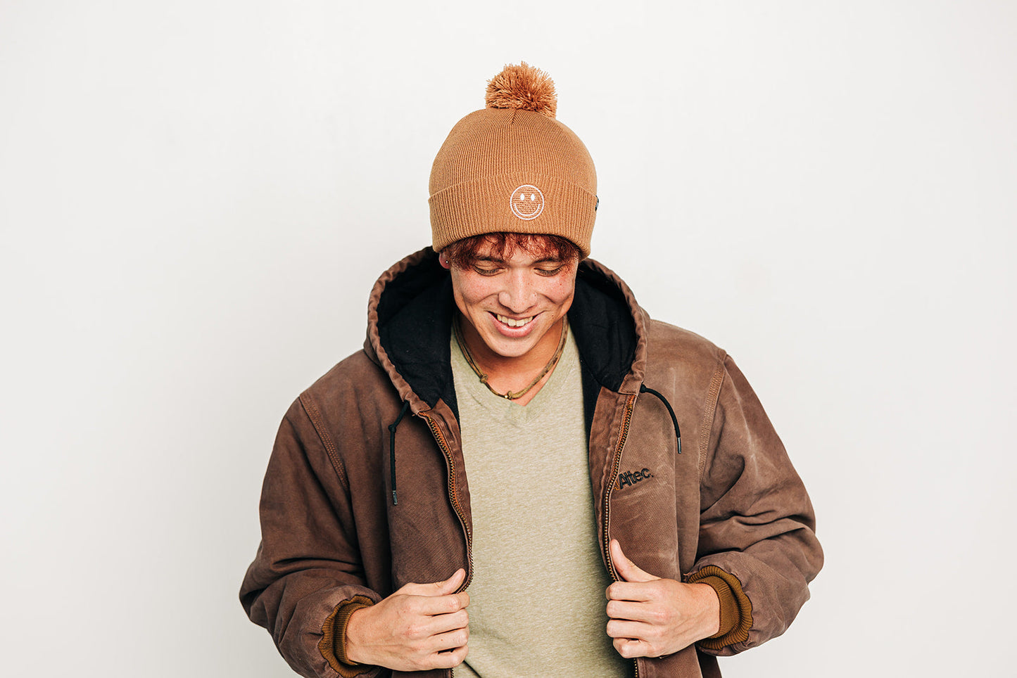 Latte Smiley Pom Pom Hat