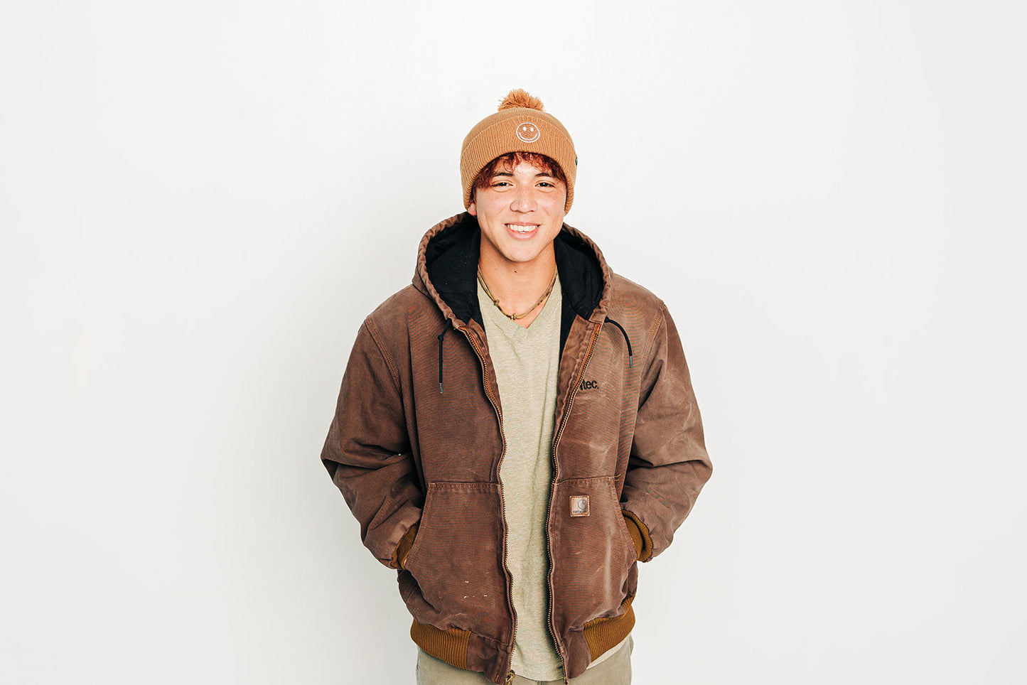 Latte Smiley Pom Pom Hat