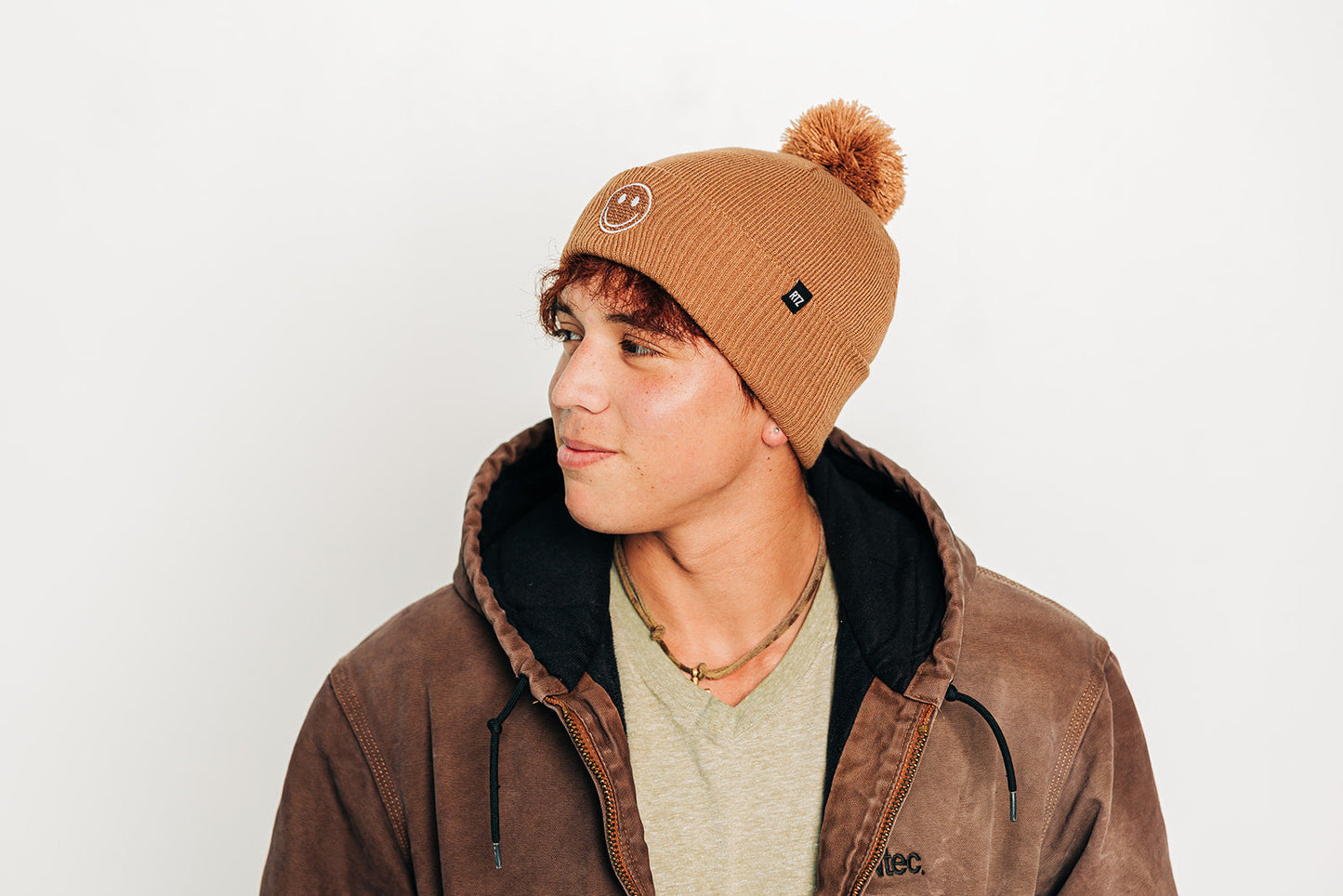 Latte Smiley Pom Pom Hat