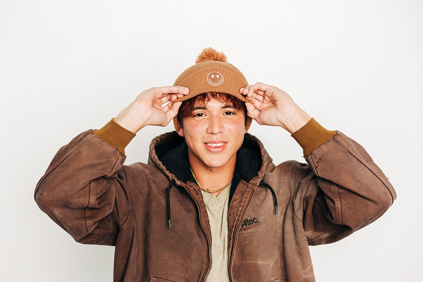 Latte Smiley Pom Pom Hat