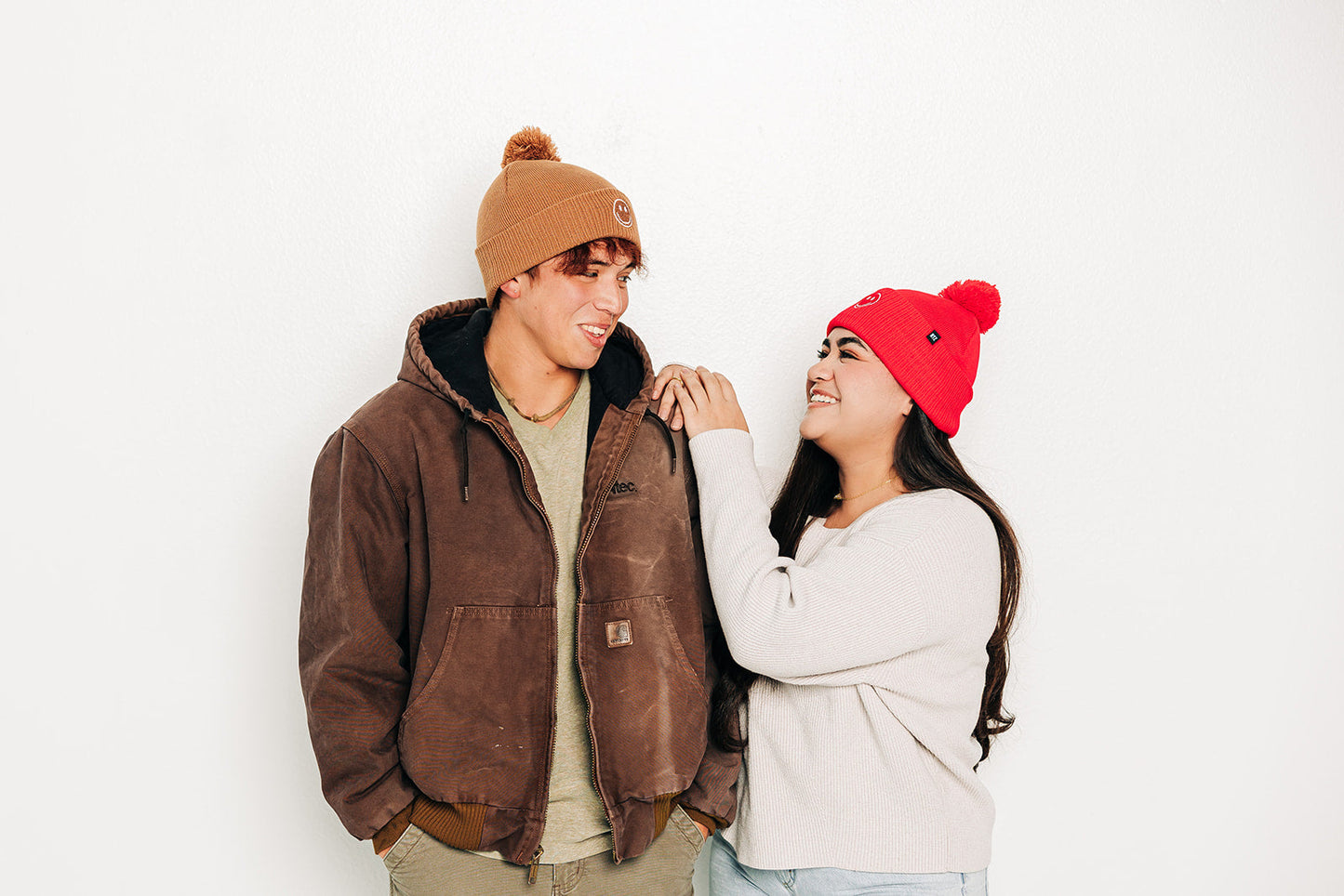 Latte Smiley Pom Pom Hat