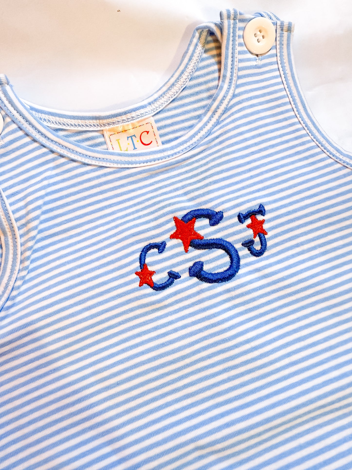 Custom Embroidered Blue Striped Bubble Romper - Summer or 4th of July