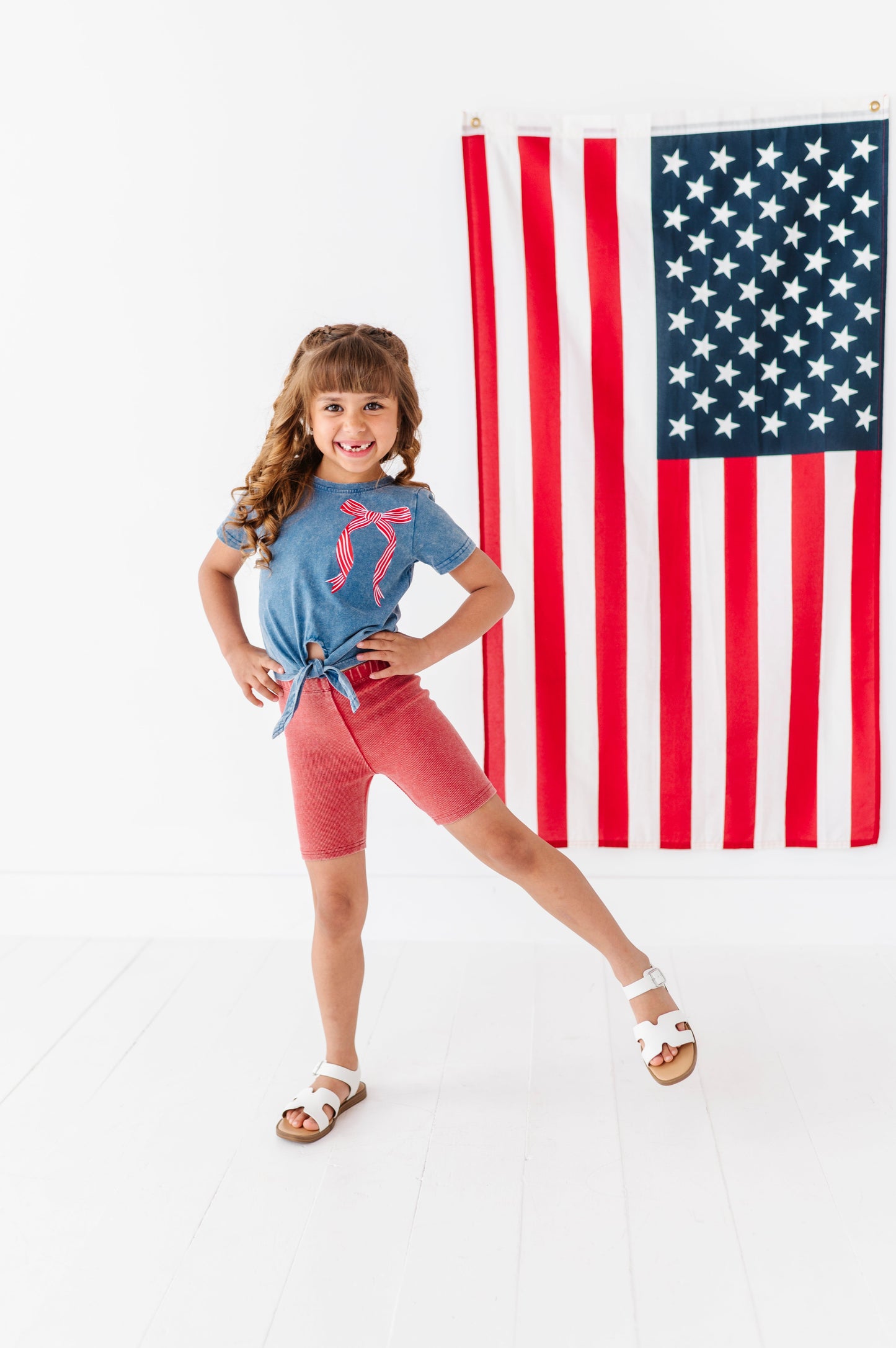 RED Stripe Bow (navy shirt) | Girls Tie-Front Shirt