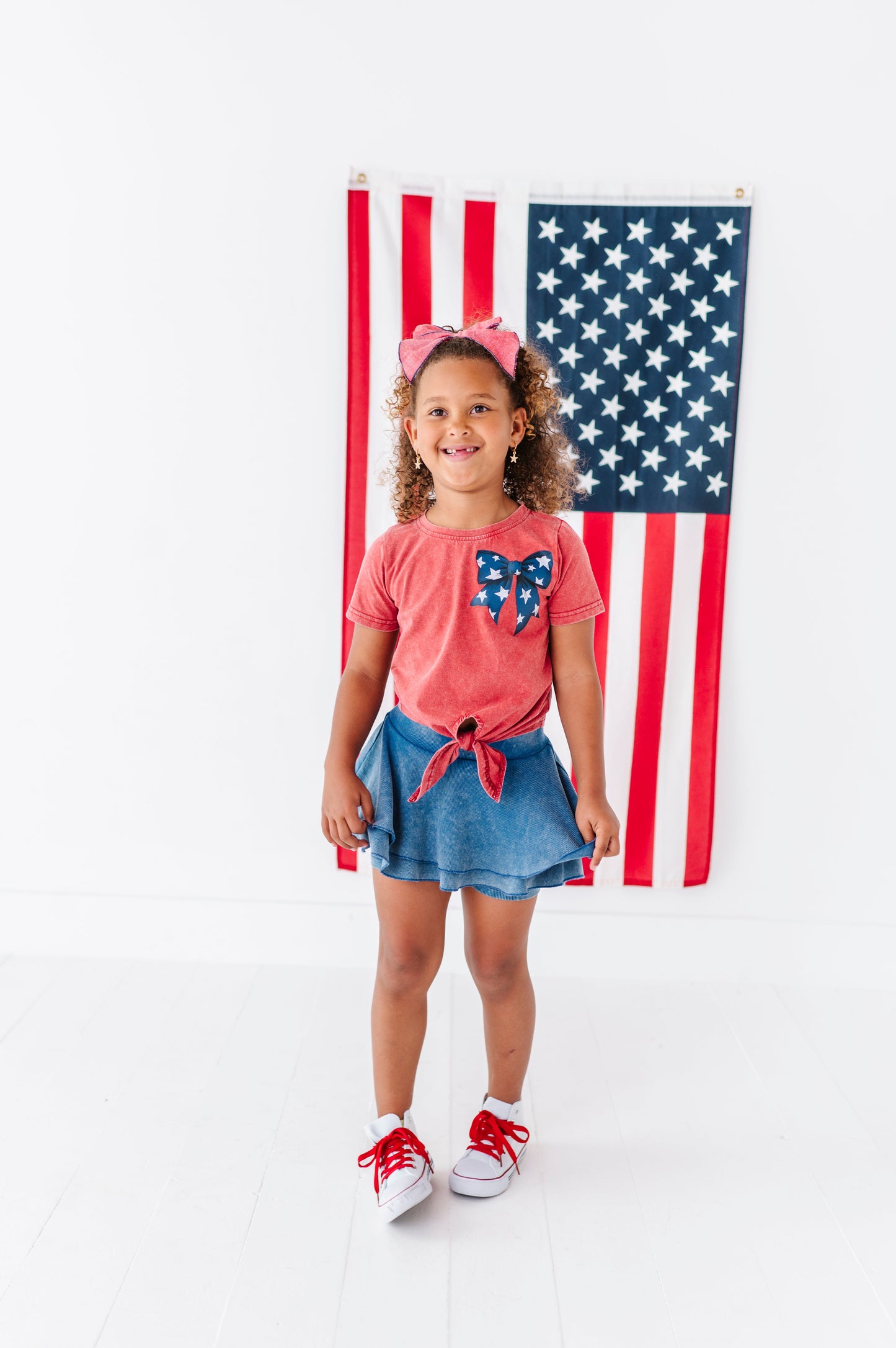 NAVY Star Bow (red shirt) | Girls Tie-Front Shirt