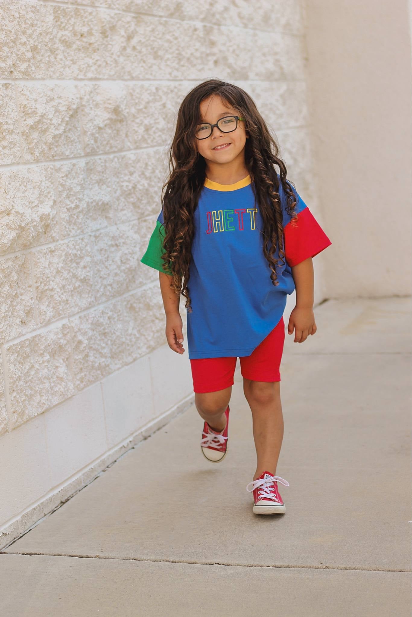 Custom Embroidered 90s Colorblock Tee and Biker Shorts Set