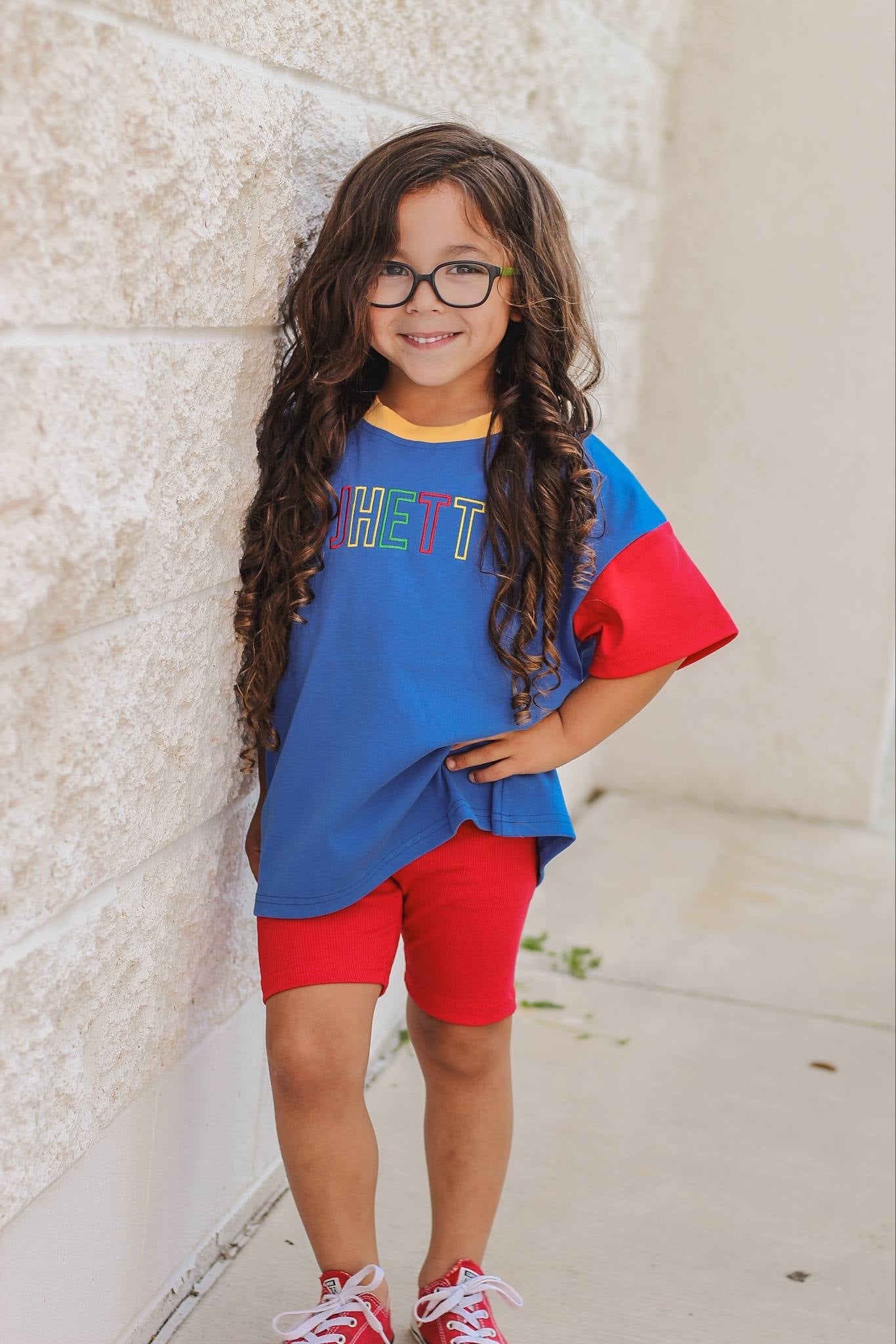 Custom Embroidered 90s Colorblock Tee and Biker Shorts Set