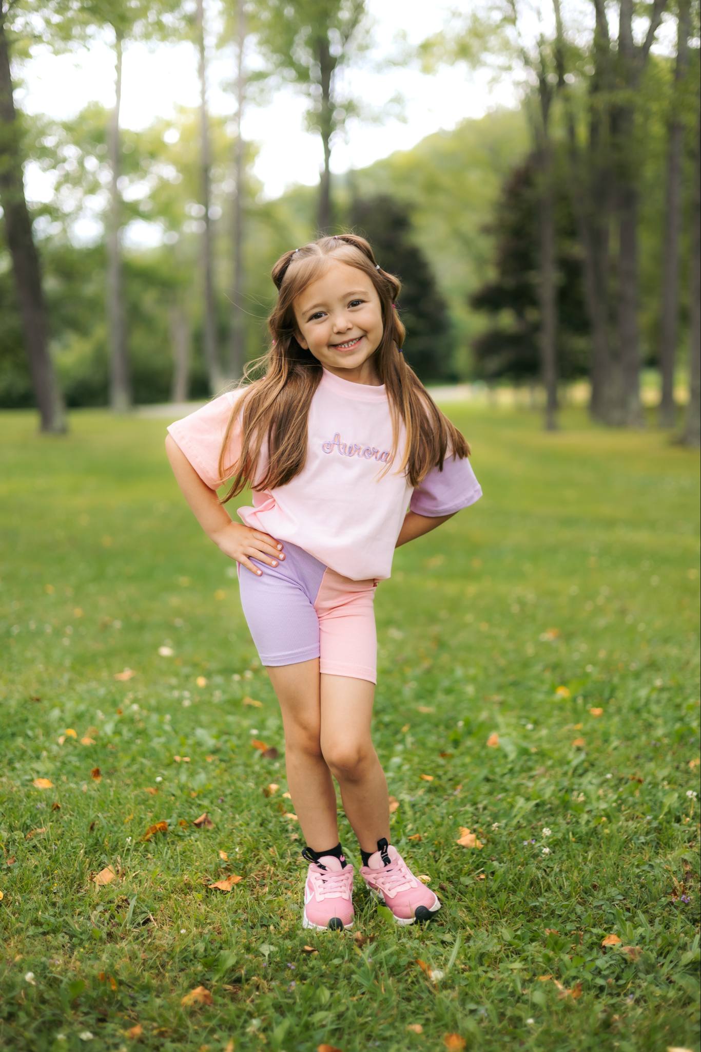 Custom Embroidered Colorblock Tee and Biker Shorts Set - Pink & Purple Set