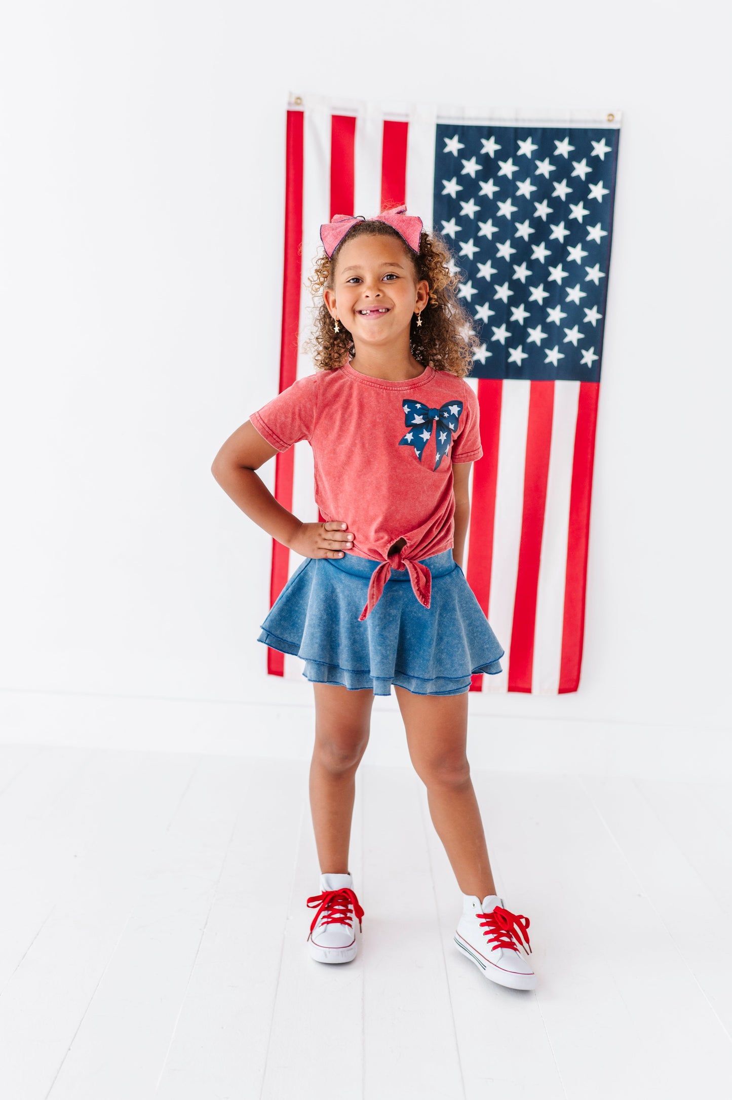 NAVY Star Bow (red shirt) | Girls Tie-Front Shirt