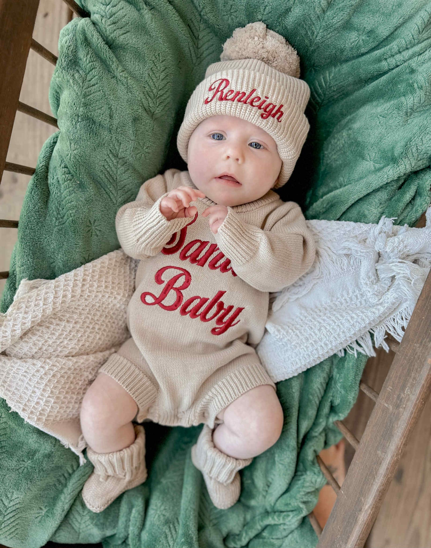 Custom Embroidered Santa Baby Christmas Knit Sweater Romper + Add-On Booties & Hat Set