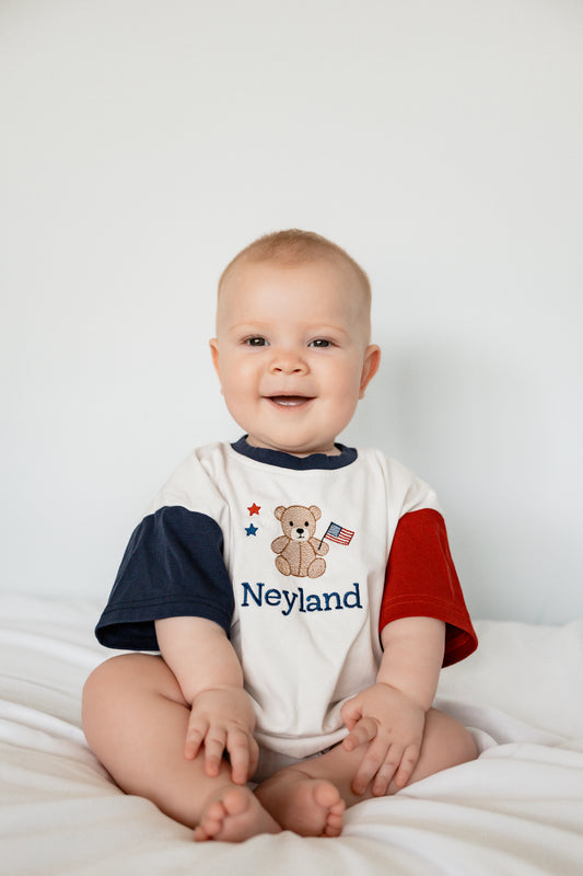Custom Embroidered 4th of July Colorblock T-Shirt Romper or Oversized Tee - Teddy Bear
