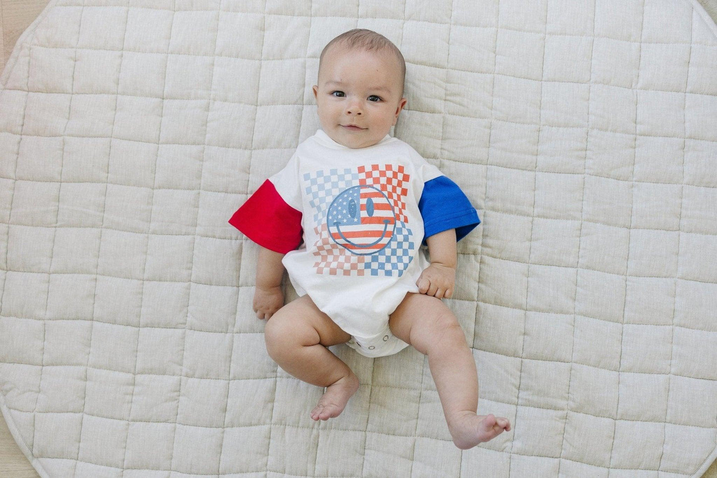 4th of July Checker Smiley T - Shirt Romper - Little Joy Co.