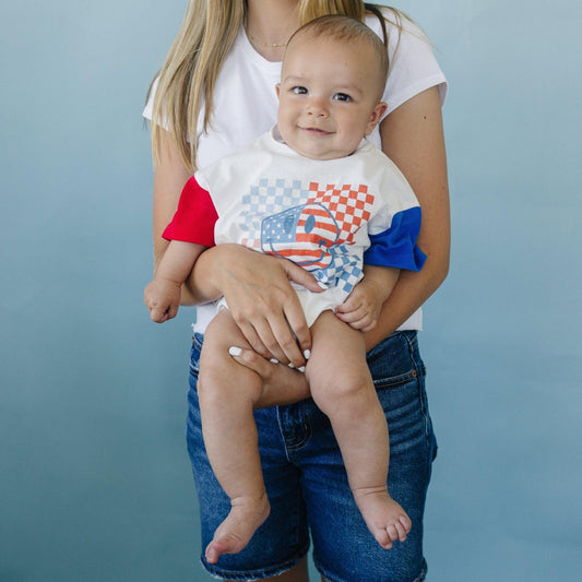 4th of July Checker Smiley T - Shirt Romper - Little Joy Co.