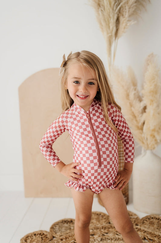 Girl's One-Piece Ruffle Rash Guard Swimsuit