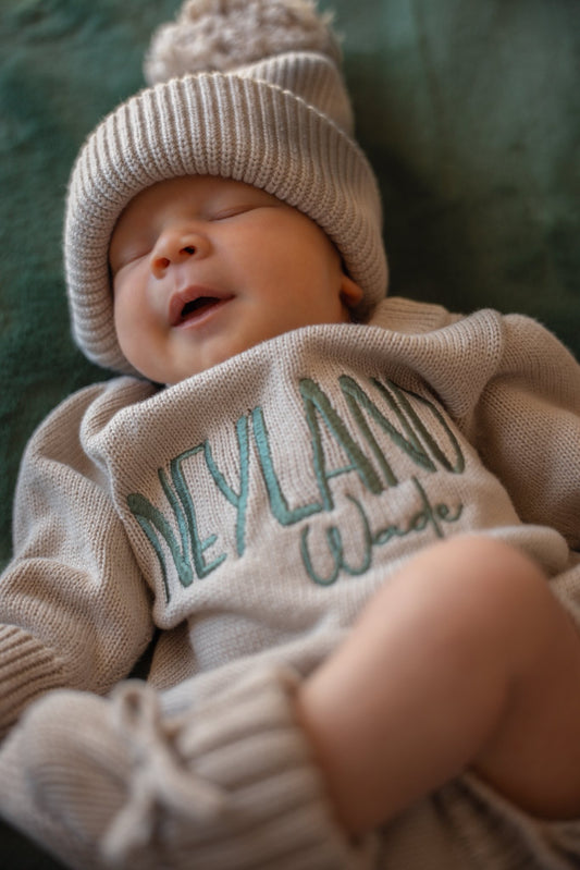 Custom Embroidered Knit Sweater Romper + Add-On Booties & Hat Set