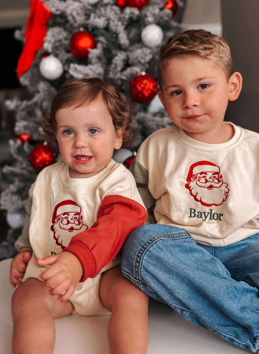 Custom Embroidered Christmas Colorblock Sweatshirt or Romper - Vintage Santa