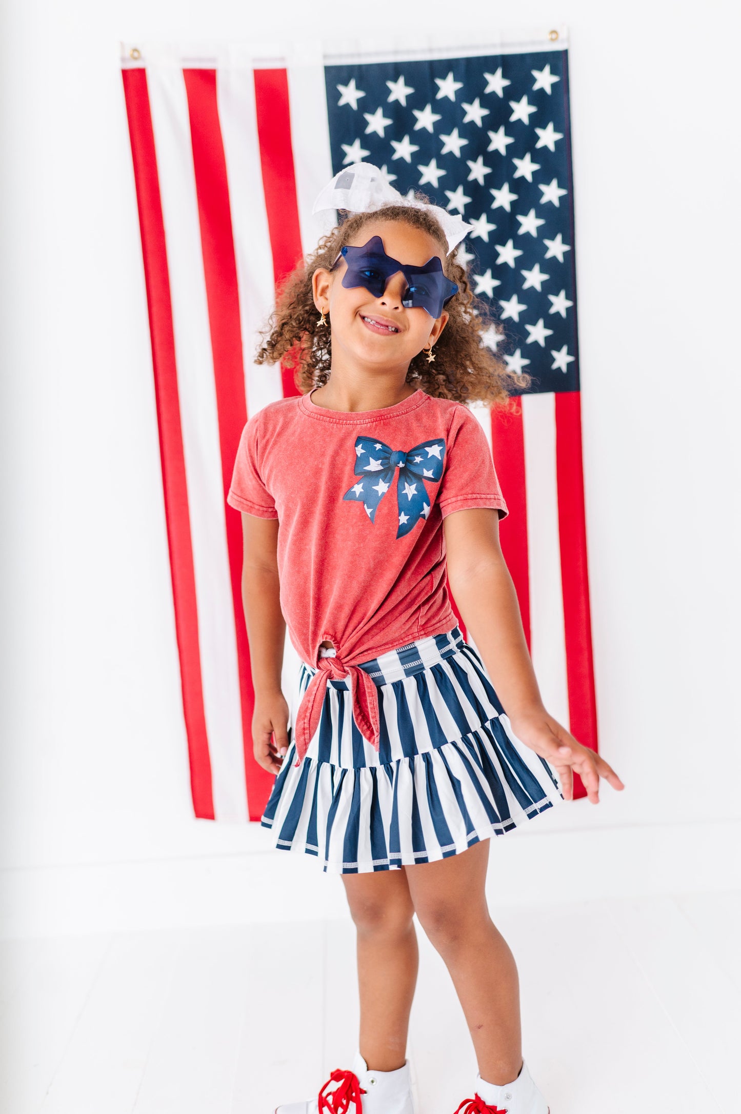 NAVY Star Bow (red shirt) | Girls Tie-Front Shirt