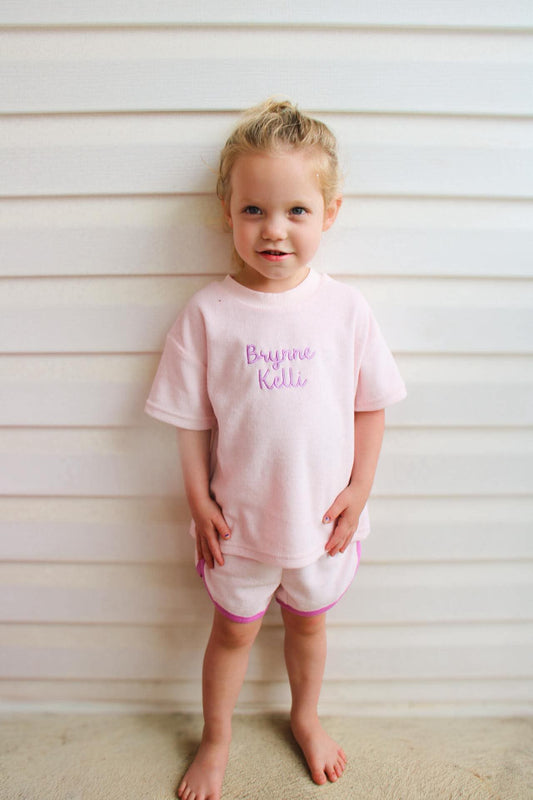 Custom Embroidered Organic Cotton Terry Shorts Set - Pink & Purple