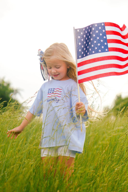 Custom Embroidered Light Blue 4th of July Oversized Tee or T-Shirt Romper - Bow Flag