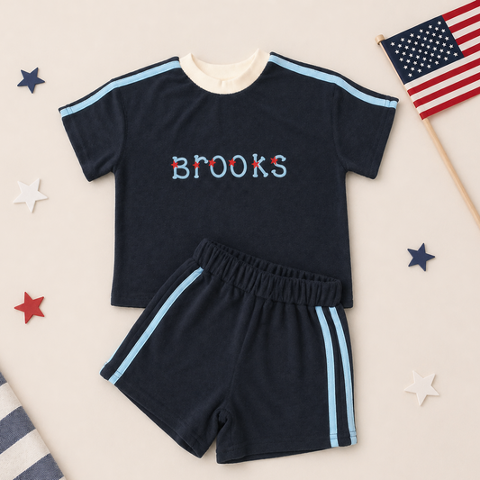 Custom Embroidered Organic Cotton Terry Shorts Set - 4th of July