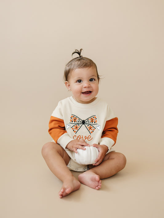 Custom Embroidered Orange Colorblock Crewneck Sweatshirt or Romper - Floral Bow Embroidery