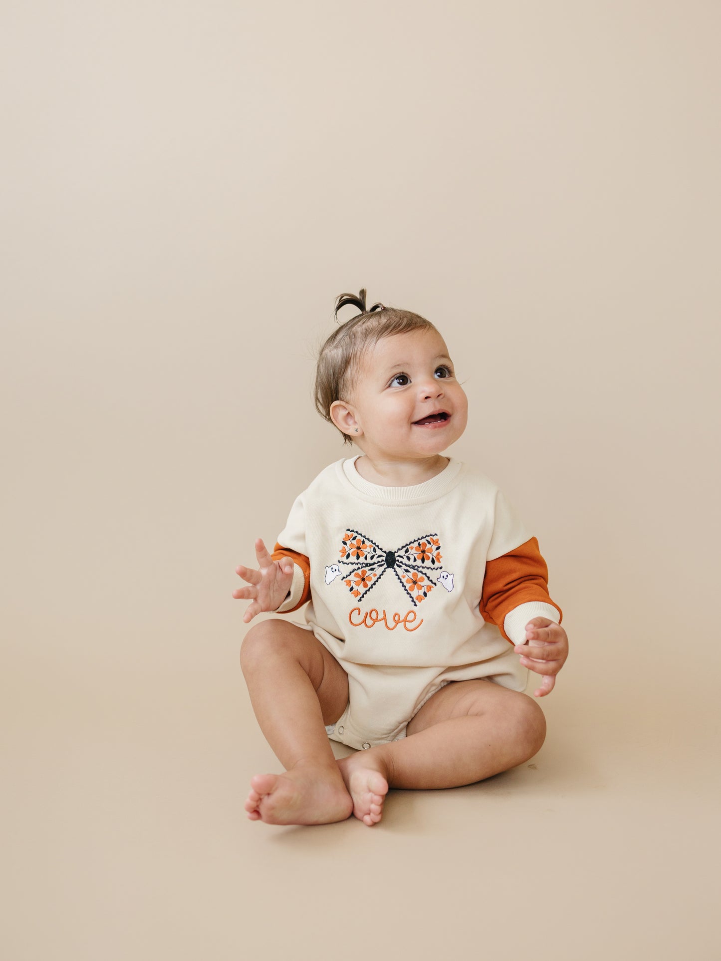 Custom Embroidered Orange Colorblock Crewneck Sweatshirt or Romper - Floral Bow Embroidery