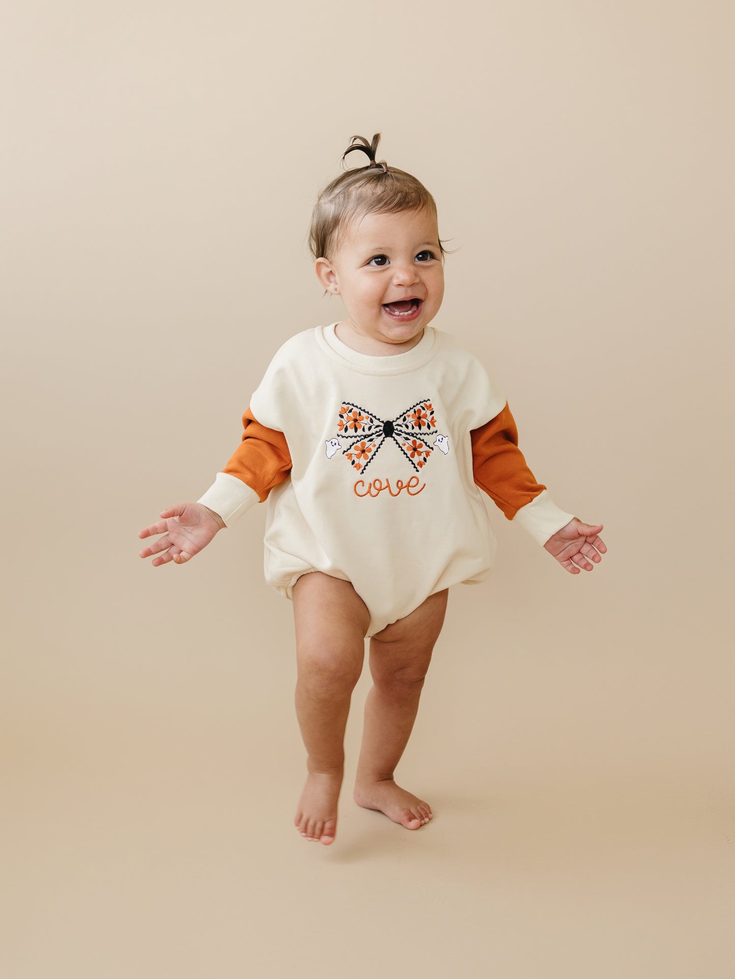 Custom Embroidered Orange Colorblock Crewneck Sweatshirt or Romper - Floral Bow Embroidery