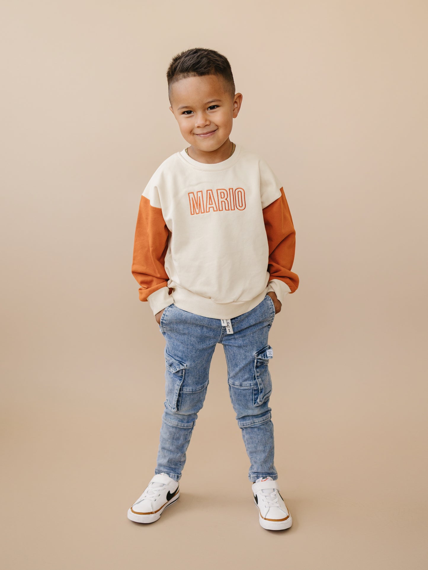 Custom Embroidered Orange Colorblock Crewneck Sweatshirt or Romper