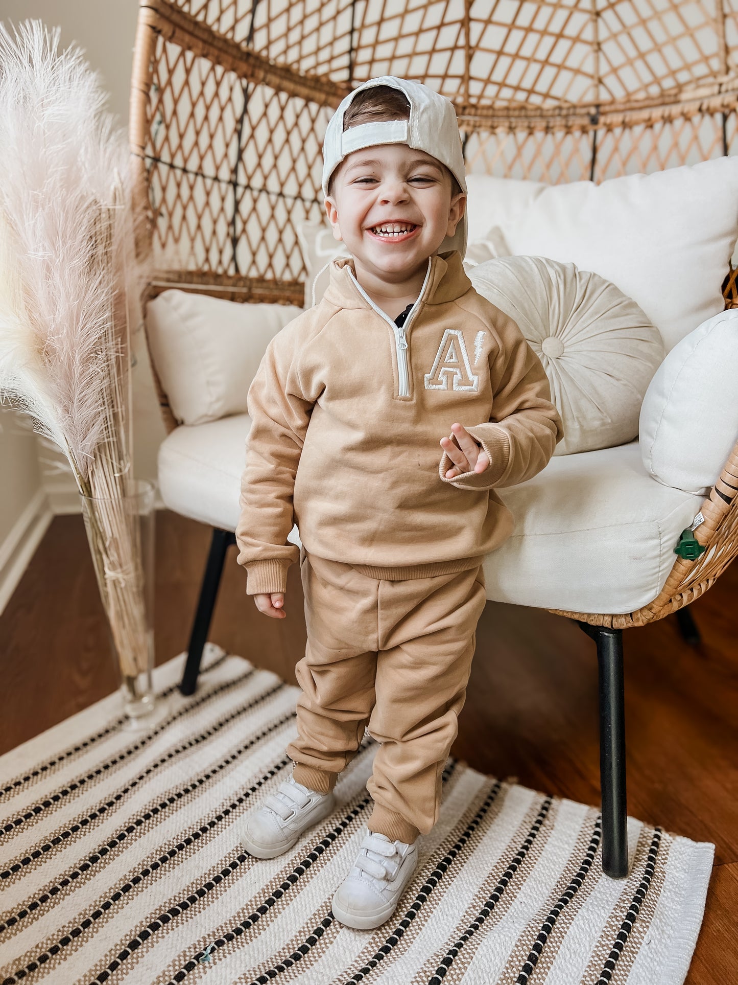 Custom Embroidered Organic Cotton Quarter-Zip Set - Tan