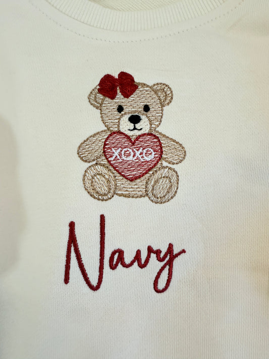Custom Embroidered Sweatshirt or Sweatshirt Romper - Valentine's Day Bear with or without bow