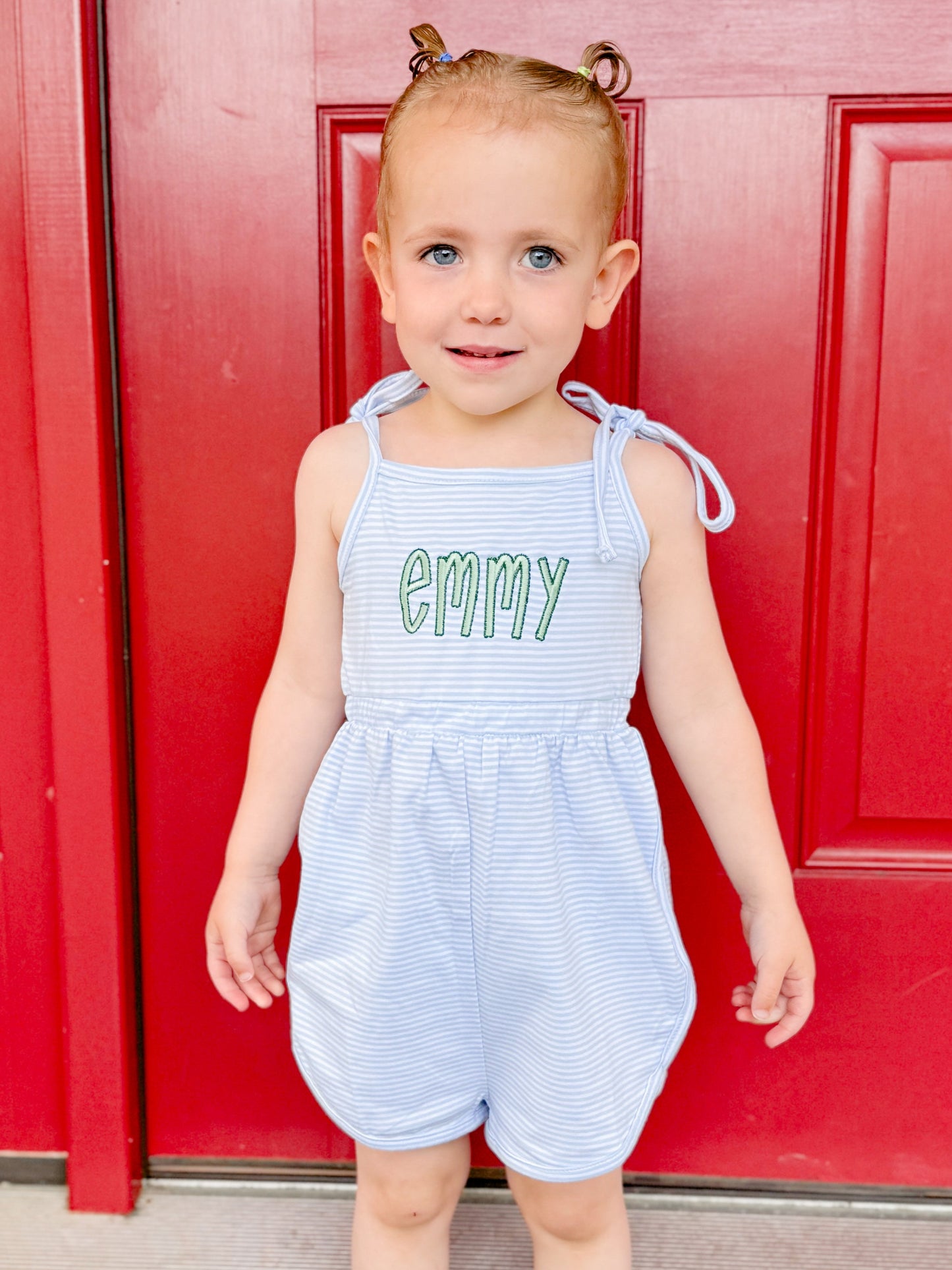 Custom Embroidered Striped Tie Strap Tank Romper - Purple, Blue, or Pink