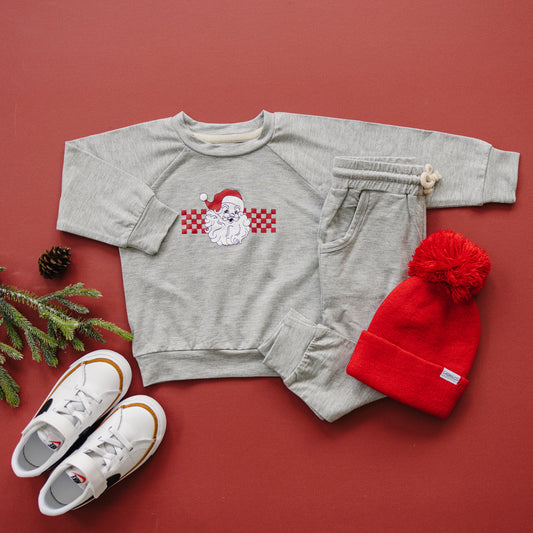 Kariertes Weihnachts-Set aus Rundhalsausschnitt und Jogginghose aus Bambus mit Weihnachtsmann-Motiv