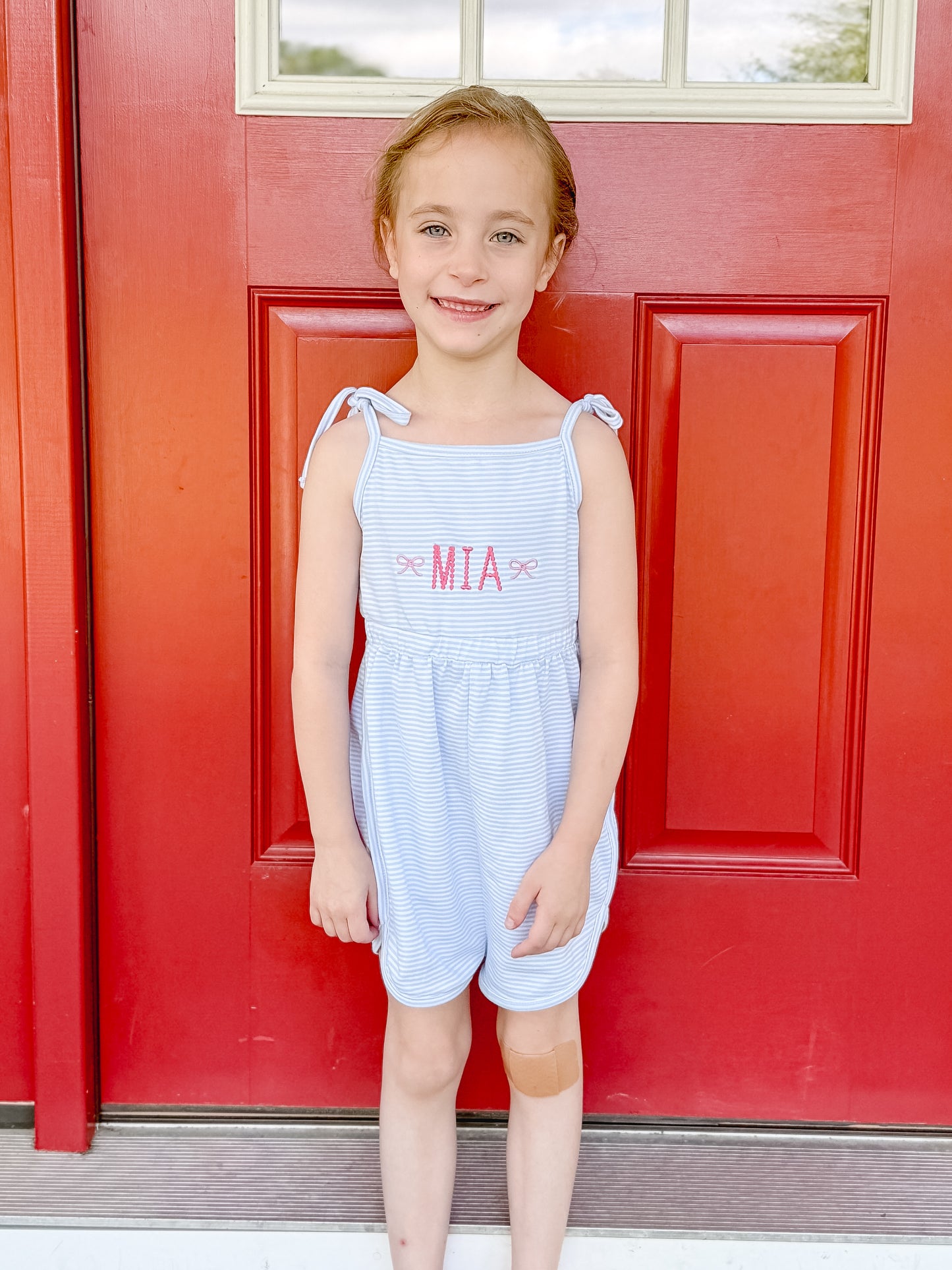 Custom Embroidered Striped Tie Strap Tank Romper - Purple, Blue, or Pink
