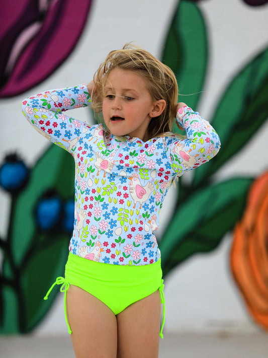 Summer Chicken Print Girls Long Sleeve Swim Set