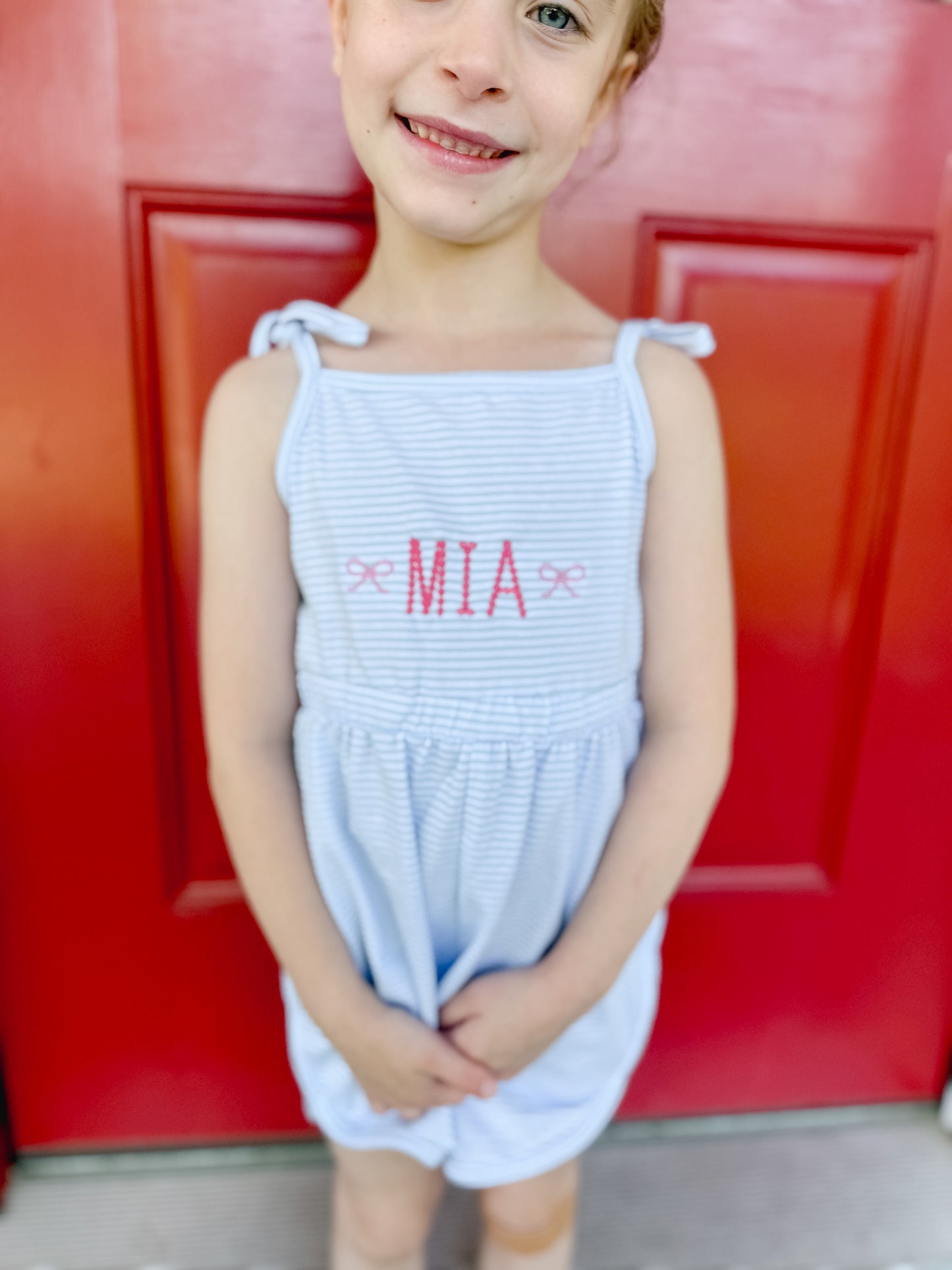 Custom Embroidered Striped Tie Strap Tank Romper - Purple, Blue, or Pink