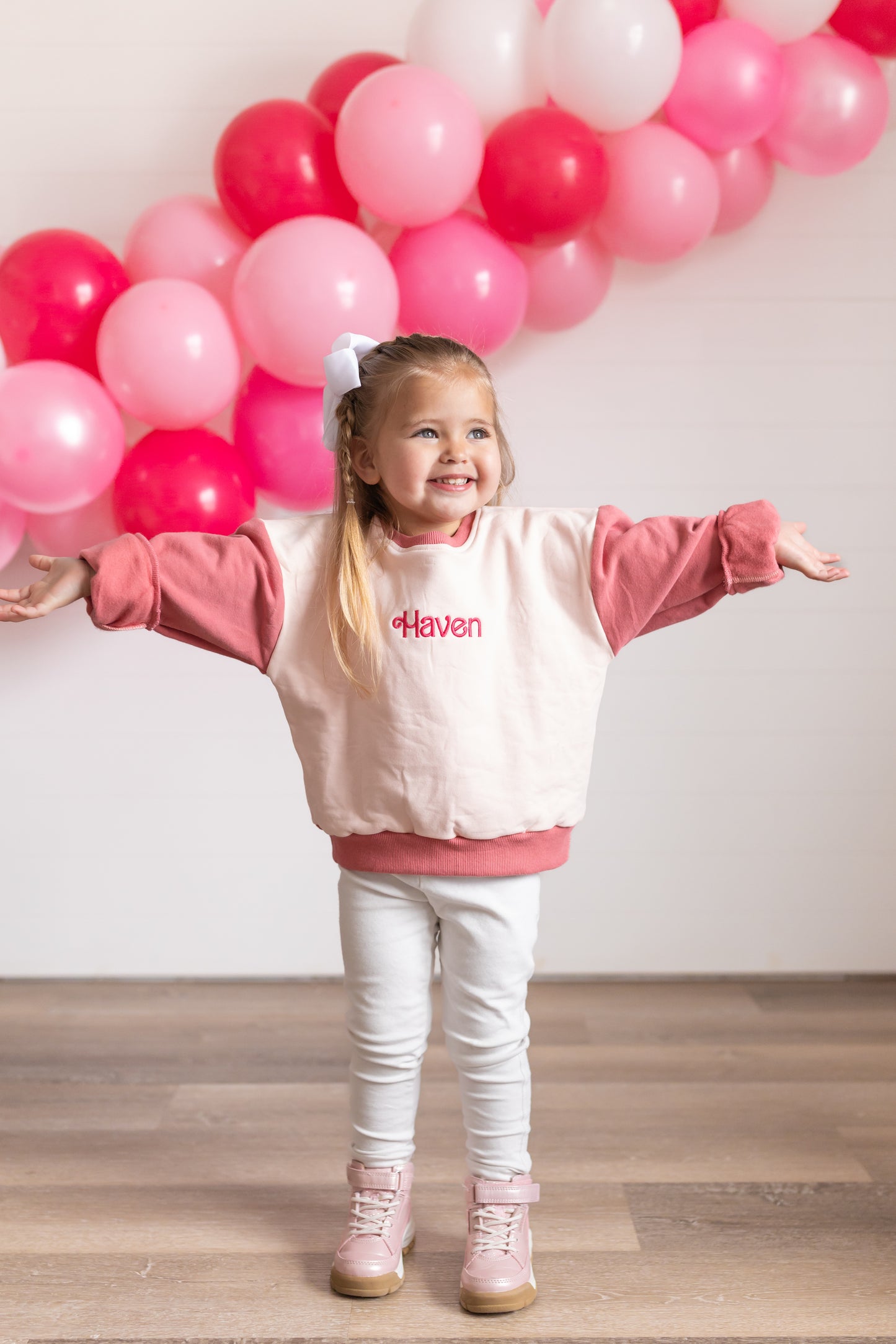 Custom Embroidered Pink Valentine's Day Colorblock Sweatshirt or Sweatshirt Romper