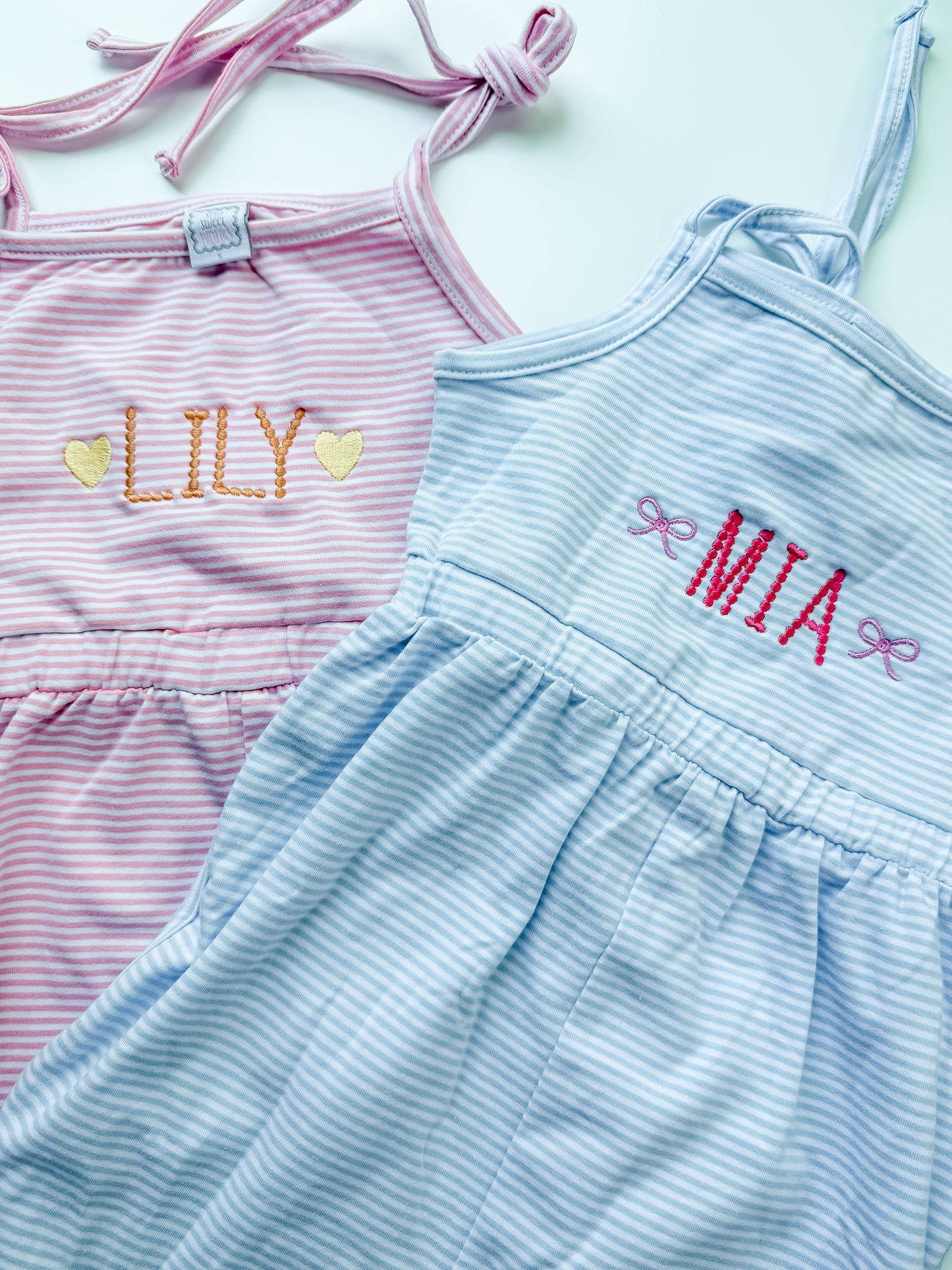 Custom Embroidered Striped Tie Strap Tank Romper - Purple, Blue, or Pink